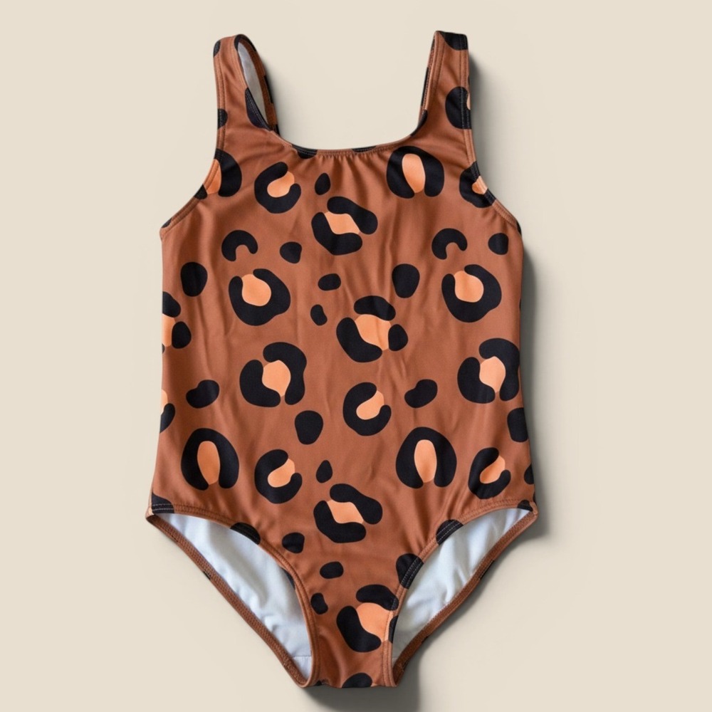 F&F Girls Leopard Print One Piece Swimsuit Brown Animal Print Size 5-6Y